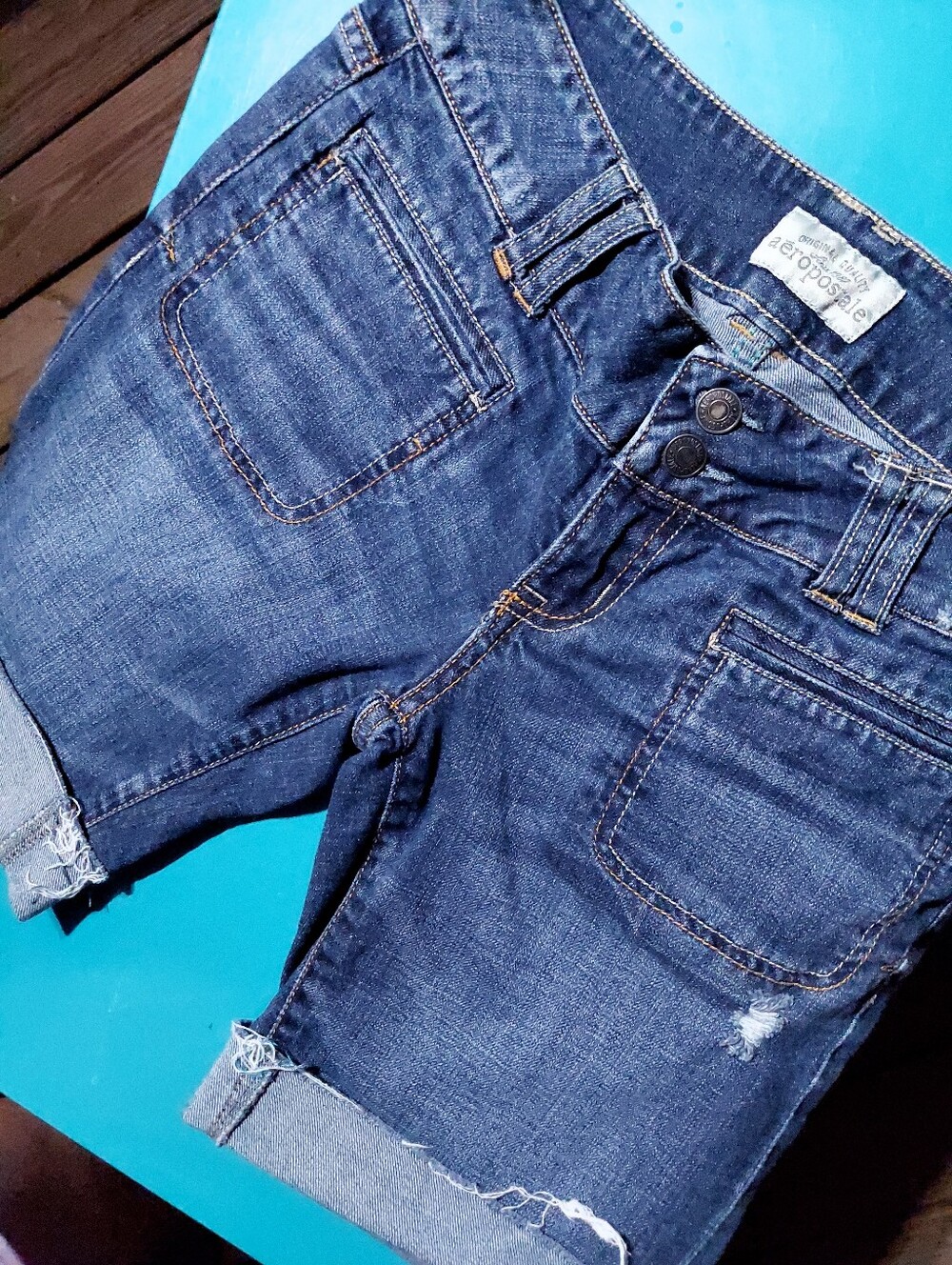 Aeropostale Dark Wash Denim Shorts - Rolled Cuffs, Patch Pockets